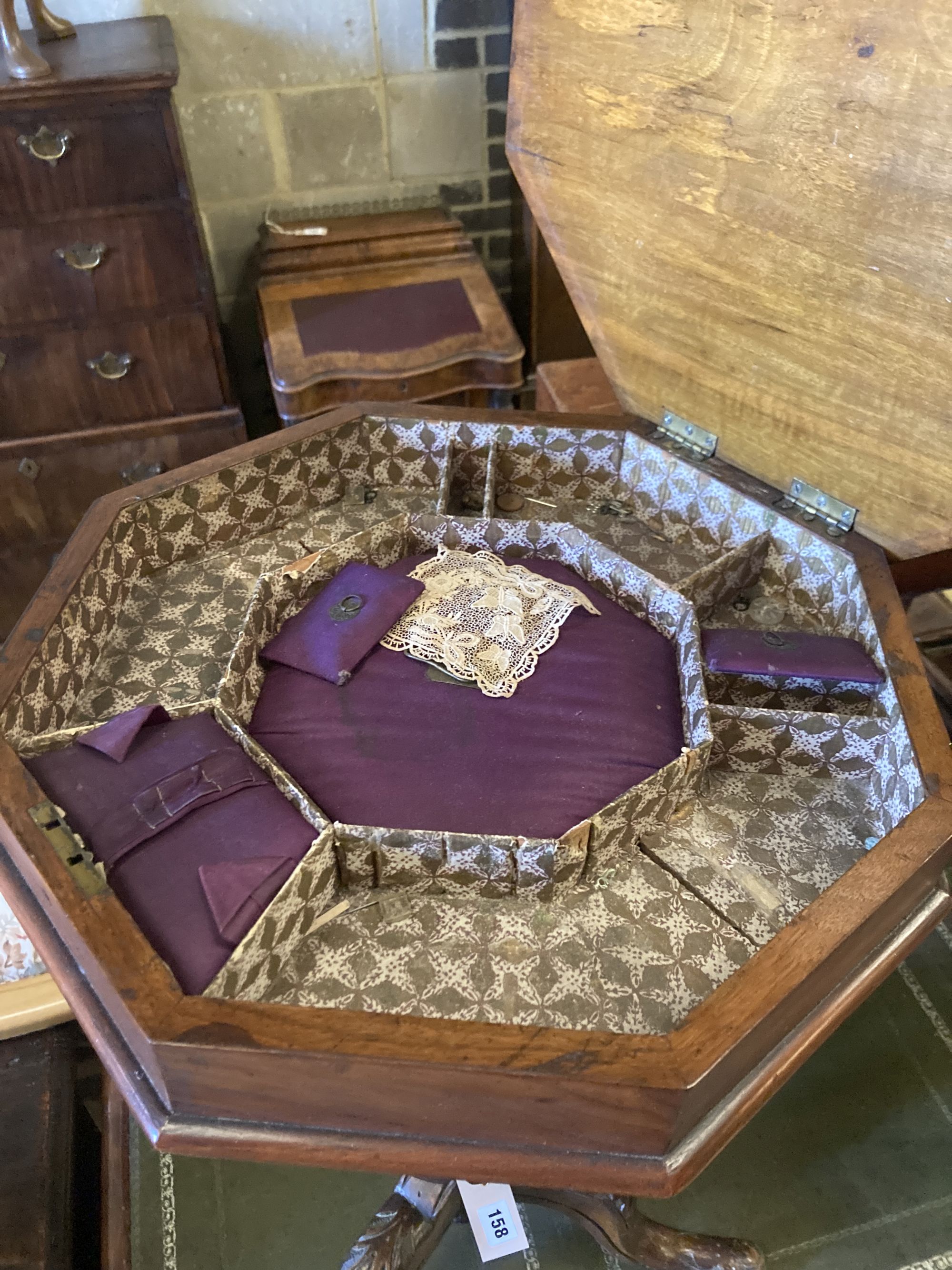 A Victorian walnut trumpet sewing/work table, width 45cm, depth 42cm, height 70cm